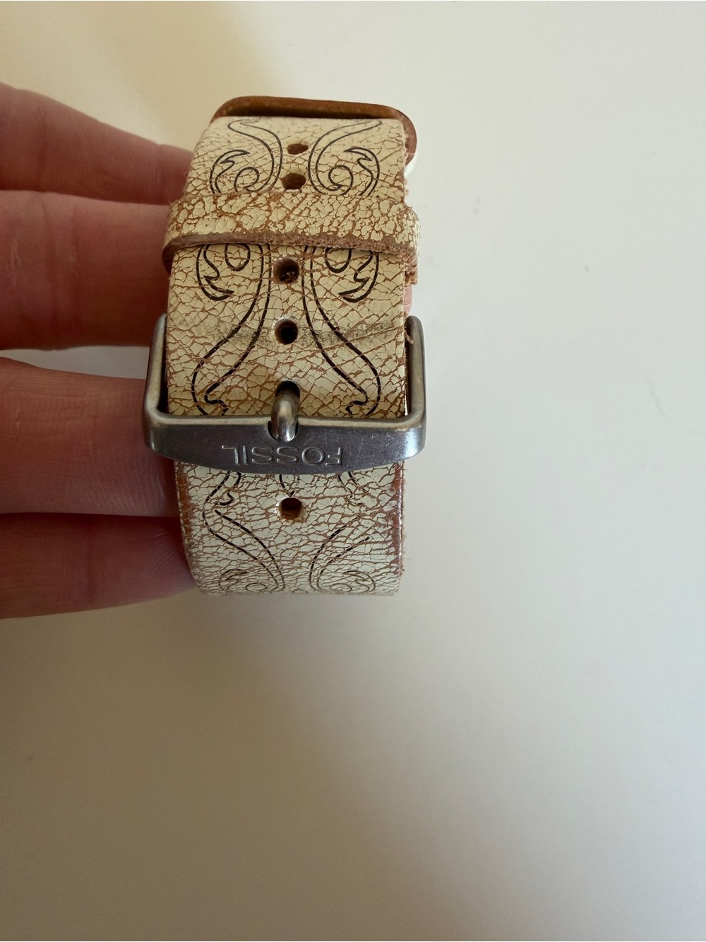 Vintage Fossil Rectangular Dial Leather Cuff Watch - Cream & Brown - Picture 3 of 6